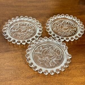 Forever Crystal Clear Glass Rose Coasters 4" Set of 3 Germany Beaded Edge